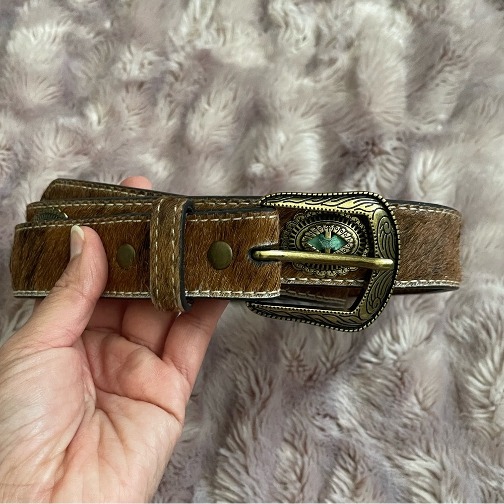 Shyanne Cowhide Leather Belt with Gold Toned Buckle in Size Medium